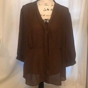 Brand New!!! Brown sheer tie blouse